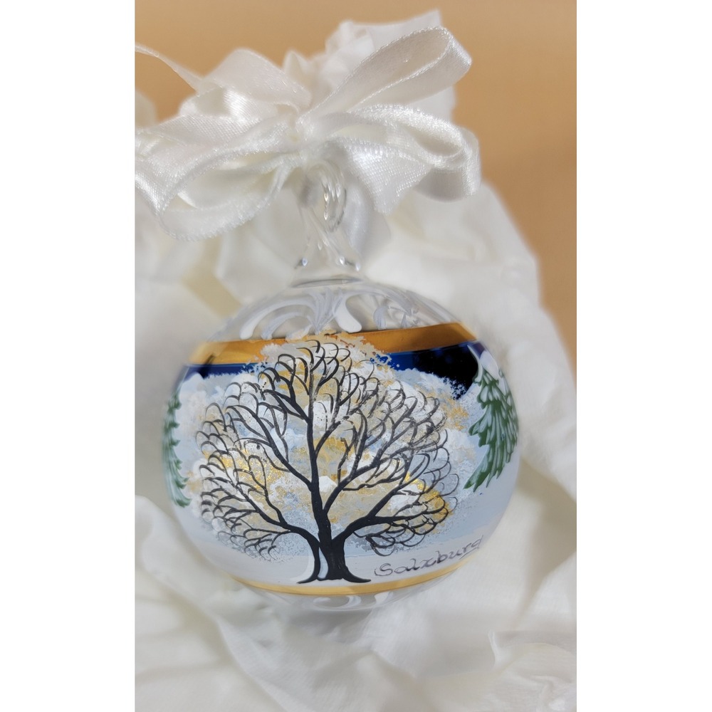 Salzburg Austria Hand Painted Glass Christmas Ornament Winter Scene Sledding